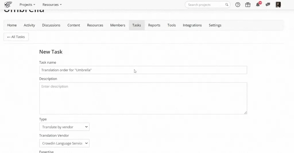 Crowdin Language Services Create a Task